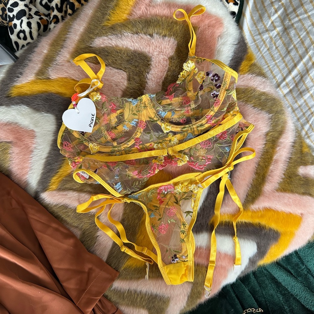 pickle. Yellow Embroidered Floral Lace Lingerie Set